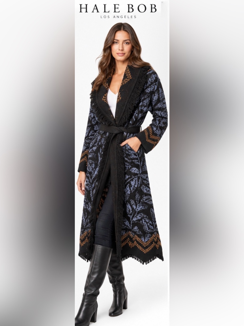 Hale Bob Black Jacquard Fringe Belted Long Cardigan Coat L NWT Wool Blend